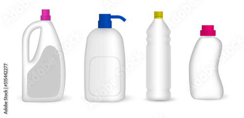Set of detergent plastic bottles with chemical cleaning product. A various shapes blank white plastic bottles of soap products isolated on white background. 
