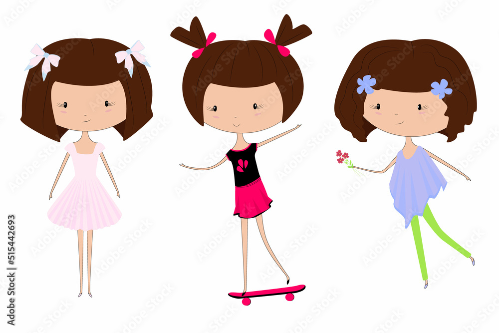 Three brown-haired girls. Funny and cute characters. Isolated vector illustration for print, surface design, fashion. Three brown-haired girls. Funny and cute characters. Isolated vector illustration for print, surface design, fashion.