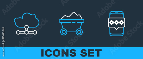 Set line Mobile and password, Network cloud connection and Coal mine trolley icon. Vector