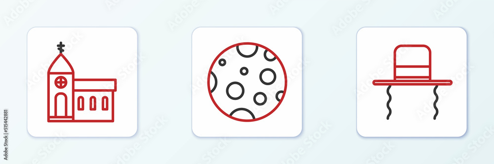 Set line Orthodox jewish hat with sidelocks, Church building and Moon icon. Vector Set line Orthodox jewish hat with sidelocks, Church building and Moon icon. Vector