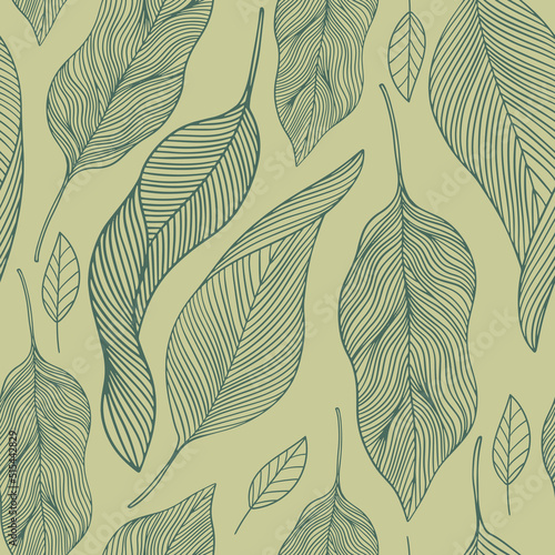 Autumn linear pattern with different leaves on green background