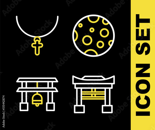 Set line Moon, Japan Gate, and Christian cross chain icon. Vector
