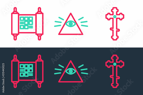 Set line Christian cross, Decree, paper, parchment, scroll and Masons icon. Vector