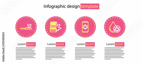 Set line Mobile and marijuana or cannabis, Marijuana olive oil, Medical bottle with and Smoking pipe icon. Vector