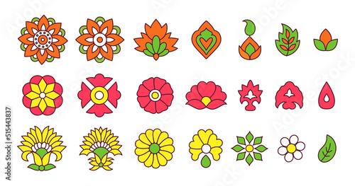 Indian floral patterns in traditional style. Vector collection of asian plant colored patterns. Oriental decorative elements, flowers, leaves, buds and paisley