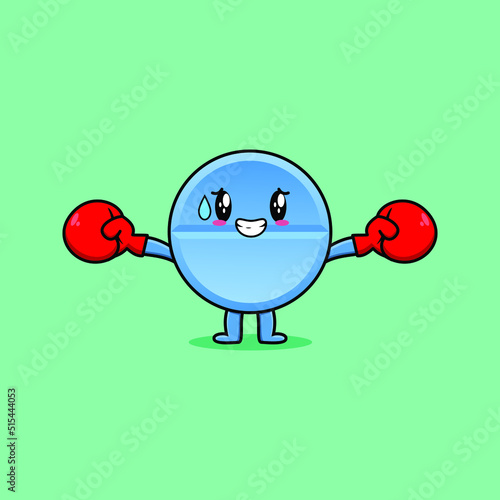 Cute Pill medicine mascot cartoon playing sport with boxing gloves and cute stylish design 