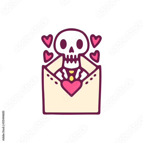 Kawaii skulk inside a love letter, illustration for t-shirt, sticker, or apparel merchandise. With doodle, retro, and cartoon style.