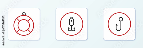 Set line Fishing hook, Lifebuoy and icon. Vector