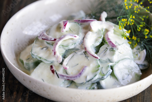 Overhead view of easy creamy Greek yogurt cucumber salad made with cucumbers, lemon zest, red onions and fresh dill. Extreme selective focus with blurred foreground and background. photo