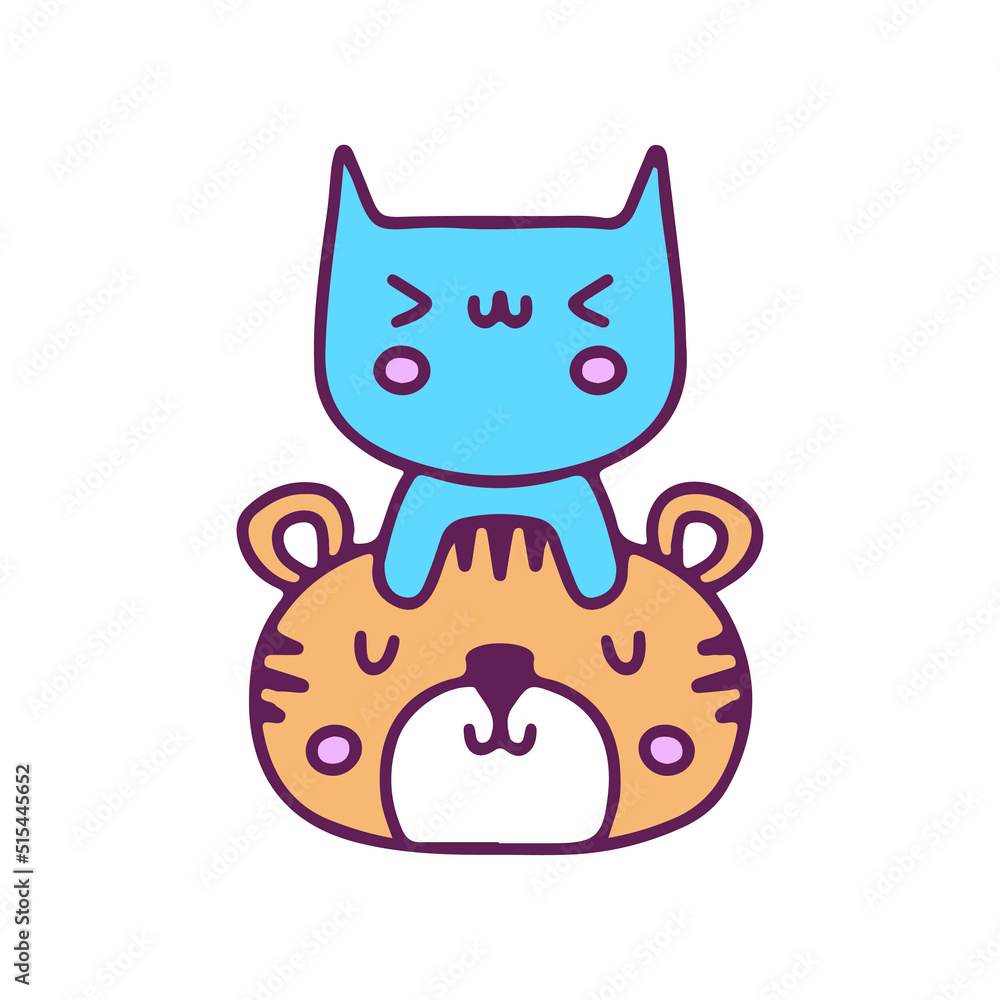Cute cat and tiger mascot, illustration for t-shirt, sticker, or apparel merchandise. With doodle, retro, and cartoon style. Cute cat and tiger mascot, illustration for t-shirt, sticker, or apparel merchandise. With doodle, retro, and cartoon style.
