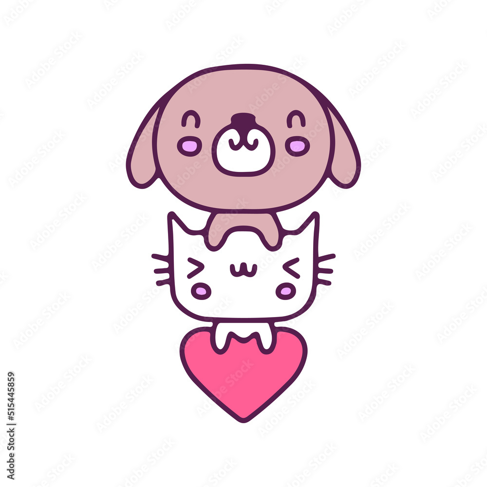 Dog, cat and love mascot, illustration for t-shirt, sticker, or apparel merchandise. With doodle, retro, and cartoon style.