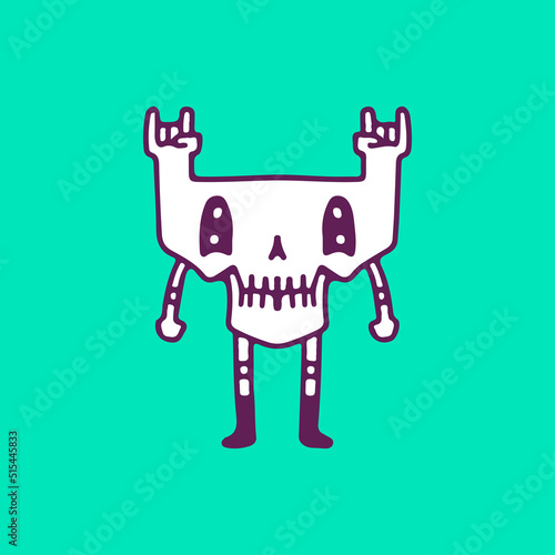 Metal head skull mascot character, illustration for t-shirt, sticker, or apparel merchandise. With doodle, retro, and cartoon style.