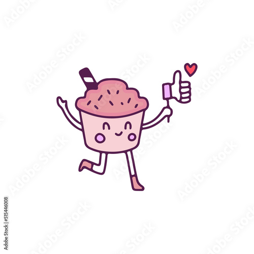 Cute chocolate cup cake mascot holding like button, illustration for t-shirt, sticker, or apparel merchandise. With doodle, retro, and cartoon style.