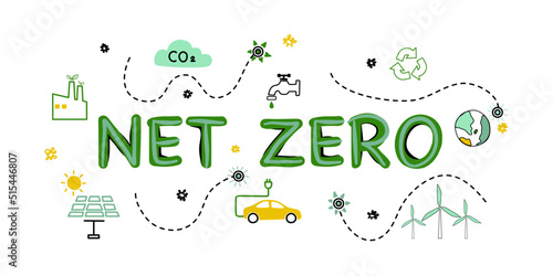 Net zero and carbon neutral concept. Net zero greenhouse gas emissions target. Climate neutral long term strategy with green net zero icon and green icon on green circles doodle background.	
