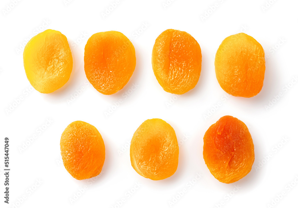 Dried apricots isolated on white background. Top view of dried apricots. Dried apricots isolated on white background. Top view of dried apricots.