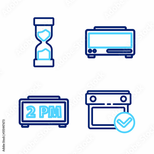 Set line Calendar with check mark, Digital alarm clock, and Old hourglass icon. Vector