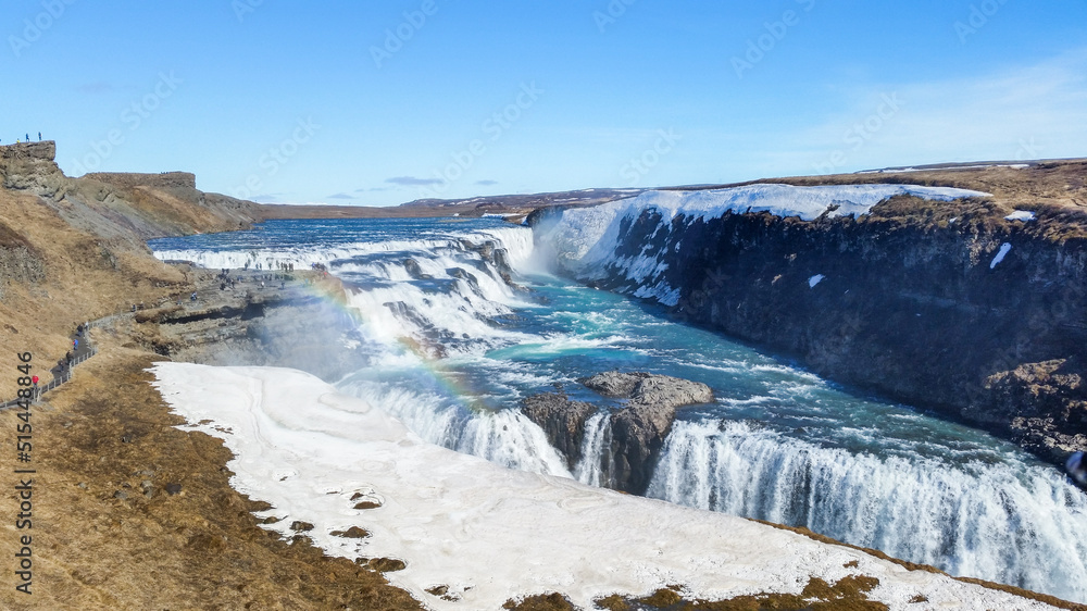 Gulfoss falls in spring overall view Iceland