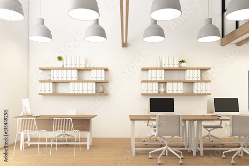 Nordic office room with hanging lamp and wood desk  white wall and wood floor. 3d rendering