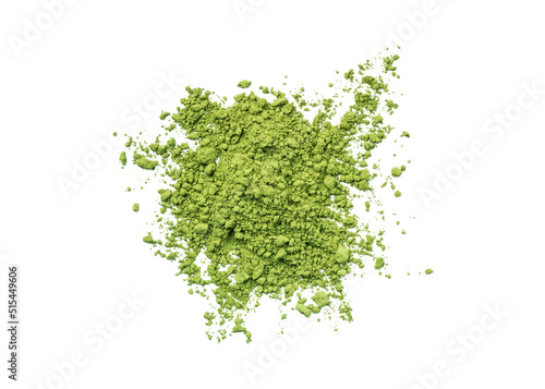 Heap of green matcha tea powder isolated on a white background. Herbal matcha tea.