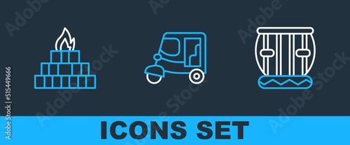 Set line Instrument tabla, Yagna and Taxi tuk tuk icon. Vector