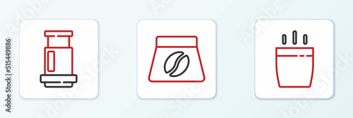Set line Coffee cup, Aeropress coffee and Bag beans icon. Vector