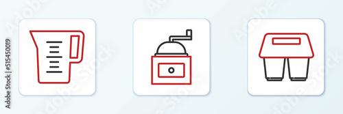 Set line Coffee cup to go, Jug glass with water and Manual coffee grinder icon. Vector