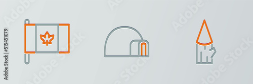 Set line Wooden log, Flag of Canada and Igloo ice house icon. Vector