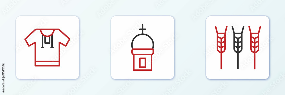 Set line Wheat, Embroidered shirt and Church tower icon. Vector Set line Wheat, Embroidered shirt and Church tower icon. Vector