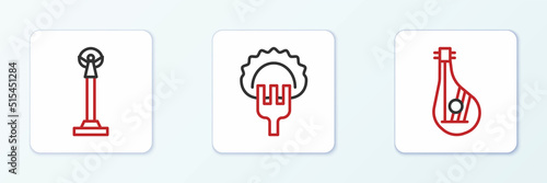 Set line Bandura, Monument of Independence and Dumplings fork icon. Vector