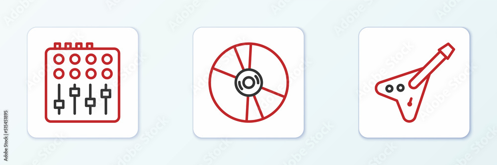 Set line Electric bass guitar, Sound mixer controller and CD or DVD disk icon. Vector Set line Electric bass guitar, Sound mixer controller and CD or DVD disk icon. Vector