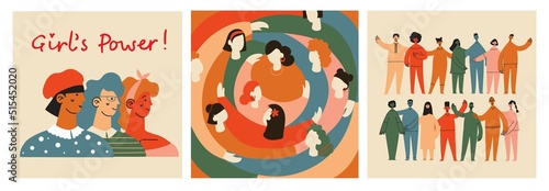 Women friendship group. Diverse female team standing together, holding hands, girls power, multinational sisterhood community vector illustration. Friendship group females, people diversity