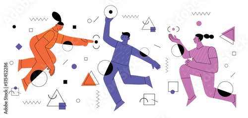 Young man and woman with abstract geometric shapes. Team building and teamwork concept. Business partnership, cooperation and communication. Modern flat cartoon style.