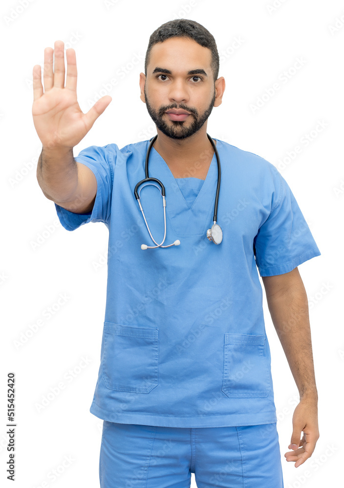 Latin american male nurse or doctor gesturing stop Latin american male nurse or doctor gesturing stop