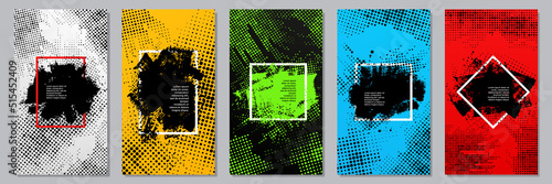 Vector illustration. Grunge frame gradient color. Halftone dots texture, grunge ink brush strokes. Design elements for flyer, phone template wallpaper, coupon, voucher. Dynamic background set