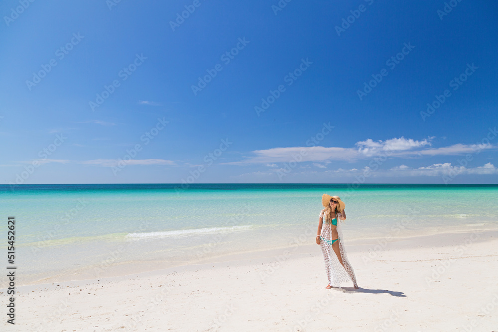 Beautiful sexy young woman in blue bikini and straw hat on the sandy beach. Summer vacations, travel and tourism concept after end of coronavirus covid-19 lockdown Beautiful sexy young woman in blue bikini and straw hat on the sandy beach. Summer vacations, travel and tourism concept after end of coronavirus covid-19 lockdown
