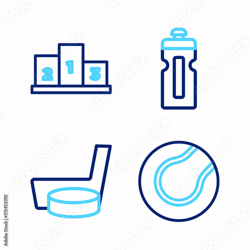 Set line Tennis ball, Ice hockey stick and puck, Fitness shaker and Award over sports winner podium icon. Vector