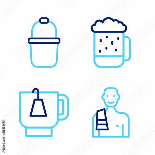 Set line Man in the sauna  Cup of tea with tea bag  Wooden beer mug and Sauna bucket icon. Vector