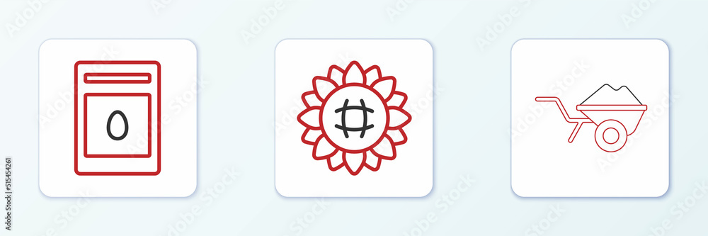 Set line Wheelbarrow with dirt, Pack full of seeds of plant and Sunflower icon. Vector Set line Wheelbarrow with dirt, Pack full of seeds of plant and Sunflower icon. Vector