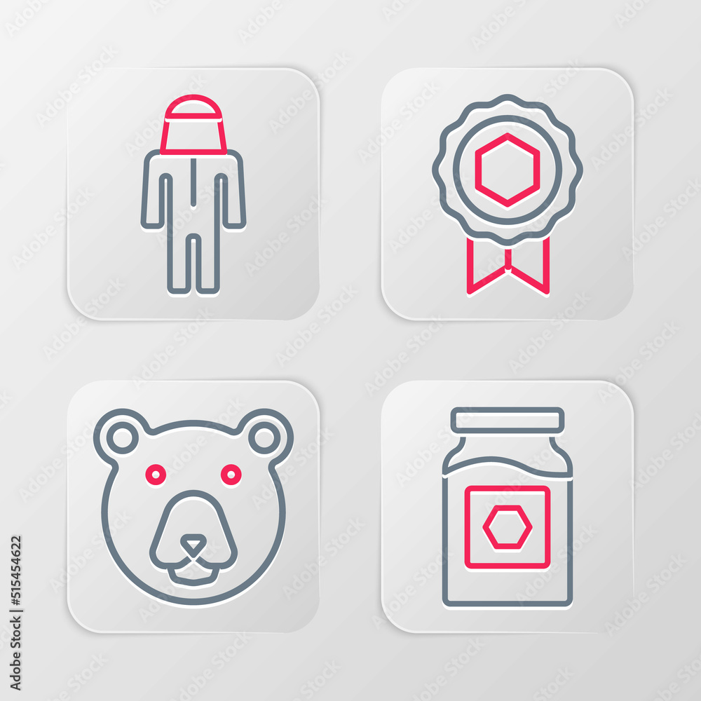 Set line Jar of honey, Bear head, Honey medal and Beekeeper with protect hat icon. Vector Set line Jar of honey, Bear head, Honey medal and Beekeeper with protect hat icon. Vector