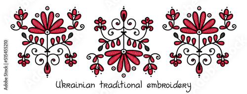 Ukrainian folk floral ornament with red and black flowers and stylized fabulous lettering. Ethnic ornament based on national colors and embroidery tradition. Can be used for decoration and packaging
