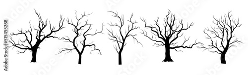 Set of dead tree silhouettes. Black trees without leaves. Halloween tree icons. Vector illustration