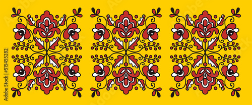 Ukrainian folk floral ornament with red and black flowers on yellow background. Ethnic ornament based on national colors and embroidery tradition. Can be used for decoration and paper print design