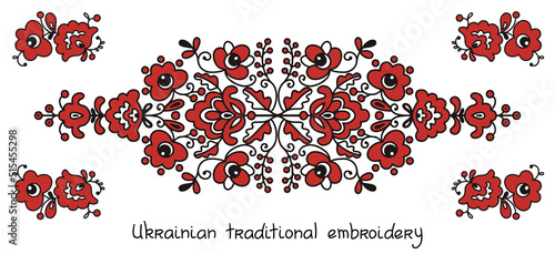Ukrainian folk floral ornament with red and black flowers and stylized fabulous lettering. Ethnic ornament based on national colors and embroidery tradition. Can be used for decoration and packaging