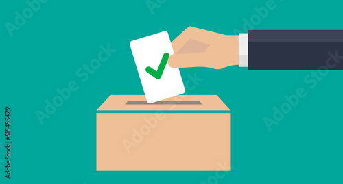 A man's hand placing a ballot with a check mark in the ballot box. Politics and election. Vector.