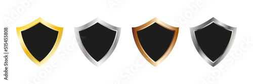 Shield set. Protection guard collection. Golden, silver and copper badge icon group. Vector illustration isolated on white.