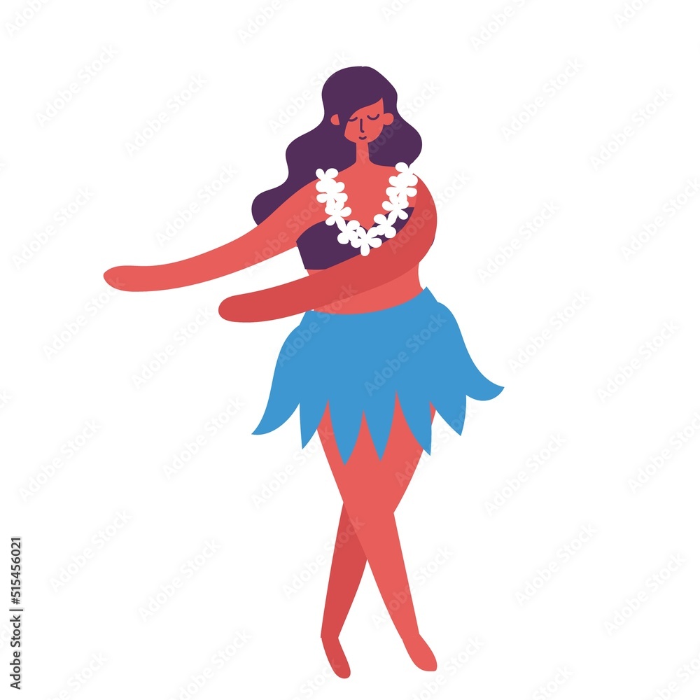 Hawaiian girl is dancing Greeting card. Hawaiian holidays poster with hula girl dancers with lei on the neck and in traditional costumes.