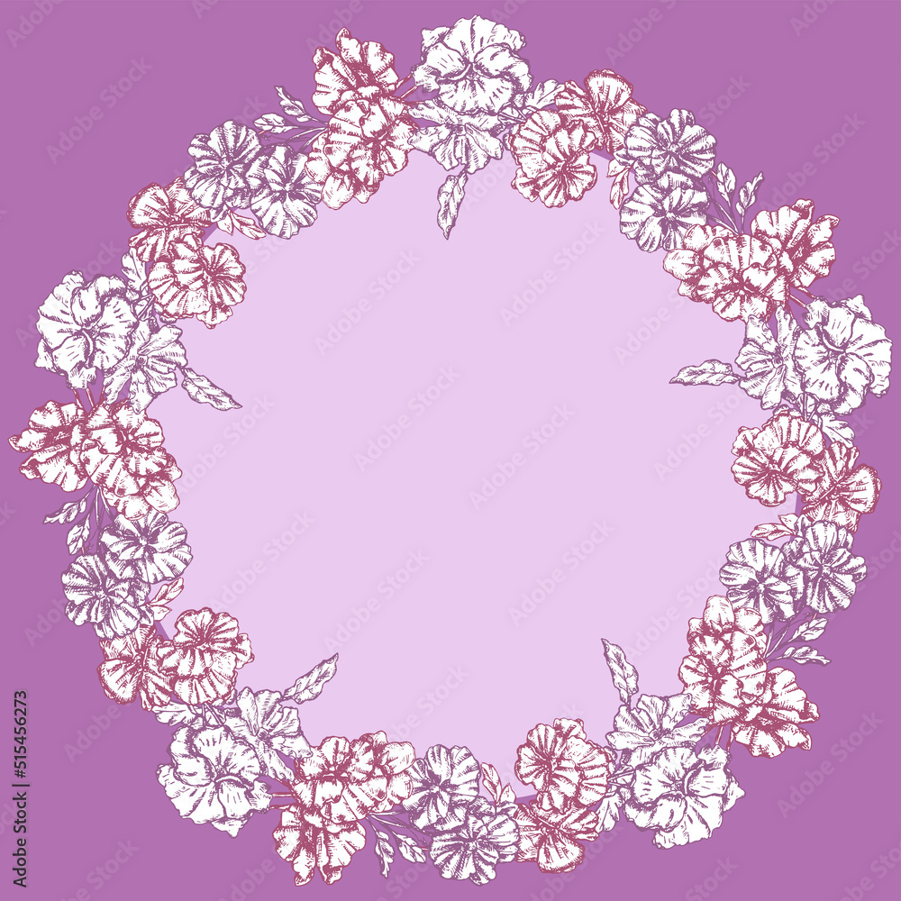 Greeting card with floral border from decorative drawn pansies bunches Greeting card with floral border from decorative drawn pansies bunches