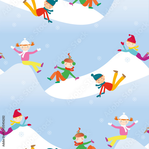 Seamless background of cheerful cartoon children playing on ice hill in winter