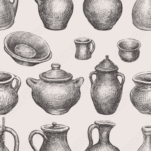 Seamless background of collection clayware sketches