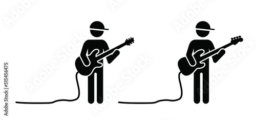 Stickman, stick figure man singer. Musician, guitar player or guitaris Cartoon bass, acoustic, rock electric, guitars headstock. Music silhouette. Vector guitars icon or logo. guitar amplifier
